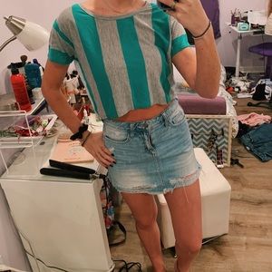 Cute Green and Grey Striped Shirt w/open back